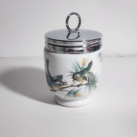 Royal Worcester Wren Finch Egg Coddler Jar Birds Design Porcelain Chrome Lid - Picture 1 of 7